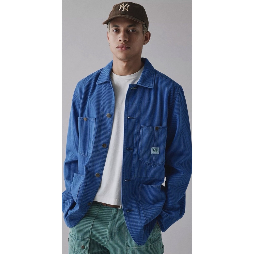 Lee X Crayola Men Size Large Striped Chore Coat Denim Jacket Overdye Violet Blue
